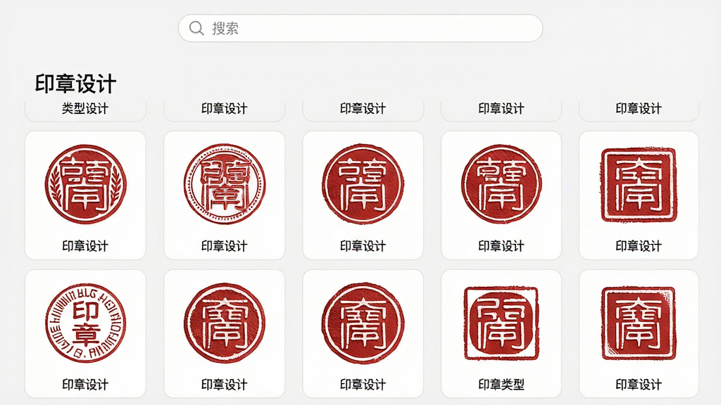 主体:“印章设计”软件模板选择页面,展示多款圆形和方形印章缩略图;布局:网格状排列,顶部有搜索栏;排版:每张缩略图下方标注印章类型名称;风格:清爽商务风,浅色背景;细节:印章图案清晰,红色印泥质感真实;画质:高清细腻,干净,无多余元素