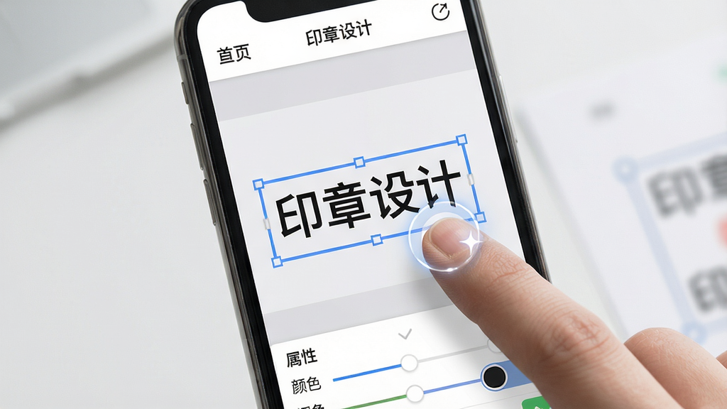 主体:手机屏幕显示“印章设计”编辑界面,用户手指正在拖动印章文字;布局:界面顶部有菜单栏,中间为印章编辑区,底部为属性调节面板;排版:清晰展示文字、边框、颜色调节选项;风格:现代简洁,浅灰背景;细节:手指触控点有高光效果,文字被选中状态显示蓝色边框;画质:高清,干净,无多余元素
