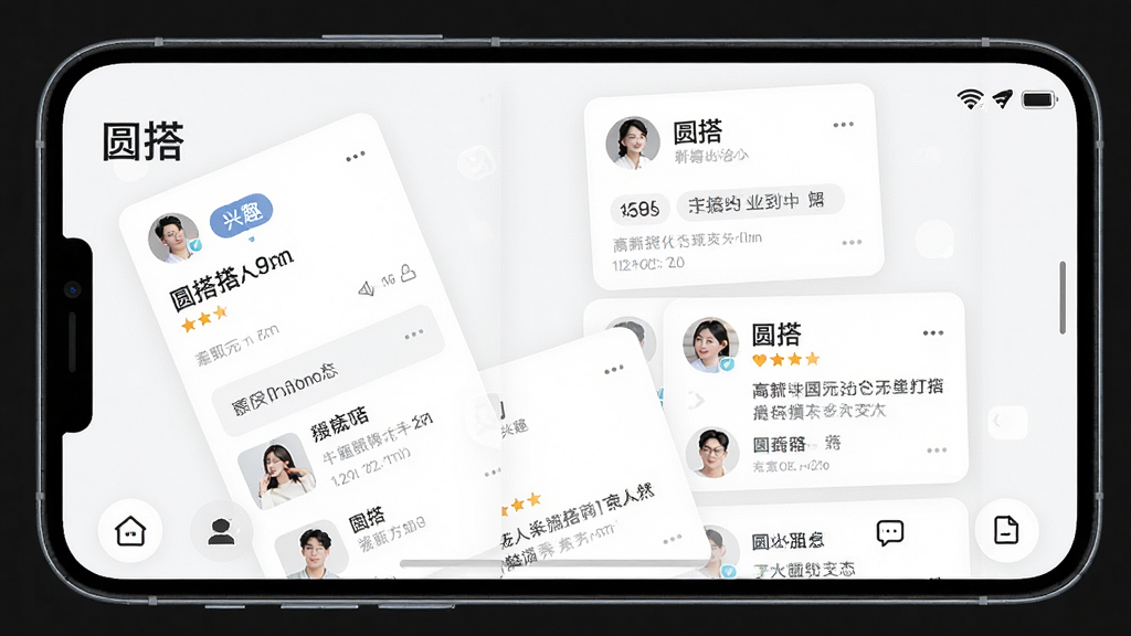 一张展示圆搭APP主界面的高清截图,主体是手机屏幕内简洁的卡片式信息流,展示不同用户的兴趣标签和动态,布局清晰,排版错落有致,风格现代简约,细节丰富,画质干净,无多余元素,图片中显示文字“圆搭”
