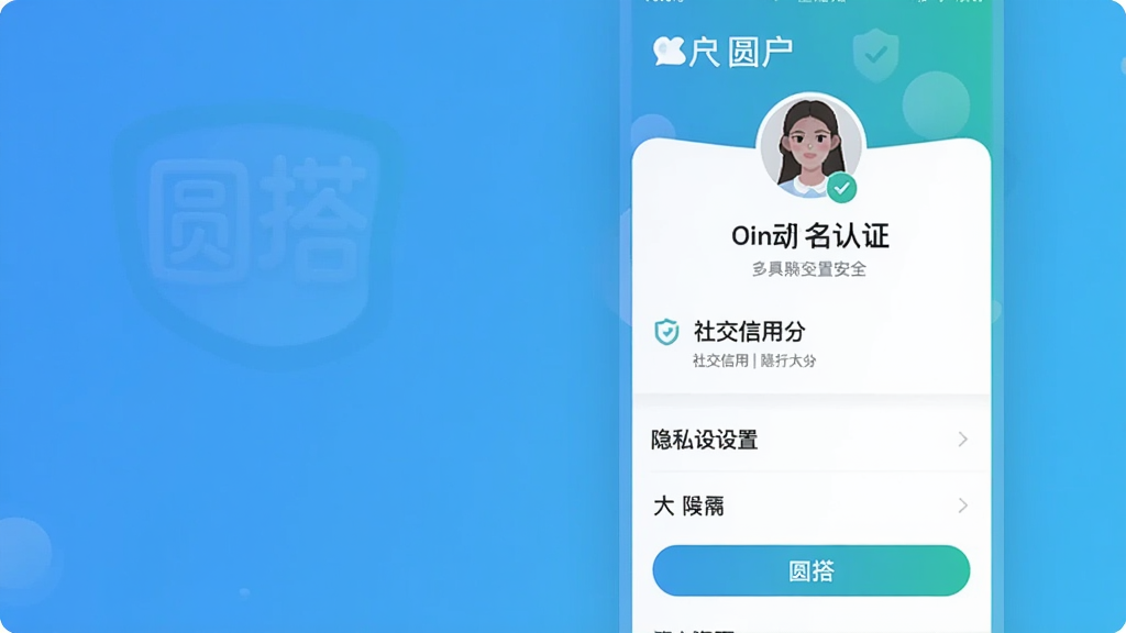 一张圆搭APP个人资料安全认证的界面图,主体是用户个人主页,包含实名认证徽章、社交信用分和隐私设置选项,布局为纵向列表,排版规整,风格清新安全,细节体现多重保护功能,画质清晰,无多余元素,图片中显示文字“圆搭”