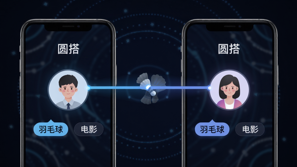 一张圆搭APP的匹配过程示意图,主体是两个手机屏幕之间有一条发光的连接线,连接着用户头像和共同兴趣标签如“羽毛球”、“电影”,布局为左右对称,排版简洁明了,风格科技感十足,细节体现智能算法,画质高清,无多余元素,图片中显示文字“圆搭”