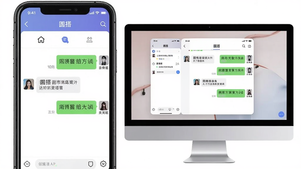 一张展示圆搭APP在不同设备上运行的预览图,主体是左边一部手机右边一台电脑显示器,屏幕中均显示圆搭聊天界面,布局为左右分布,排版整齐,风格现代,细节体现多端适配,画质高清,无多余元素
