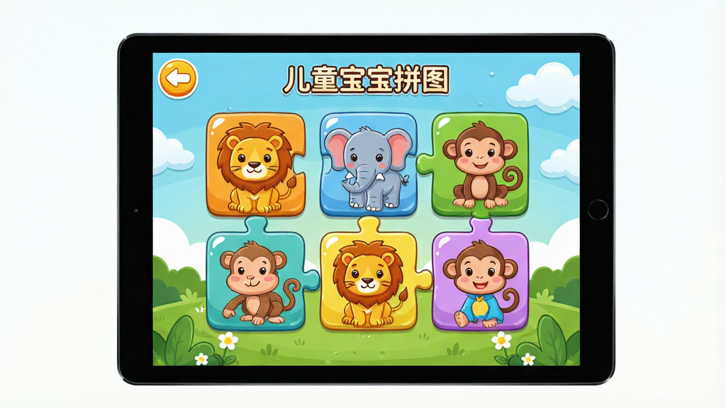 ���壺һ��ƽ�������Ļ����ʾ�š���ͯ����ƴͼ��Ӧ�õĶ�������ƴͼ���棬��ʨ�ӡ����󡢺��ӵȶ���ƴͼ�顣���֣���Ļ���У���Χ�пɰ����ƶ�Ͳݵ�װ�Ρ��Ű棺�����࣬ƴͼ���������롣��񣺿�ͨ��ɫ�����ޡ�ϸ�ڣ�ÿ������ƴͼ�鶼���и߹�Ч������Ļ���Ͻ��з��ذ�ť�����ʣ����塢�ɾ����޶���Ԫ�ء�