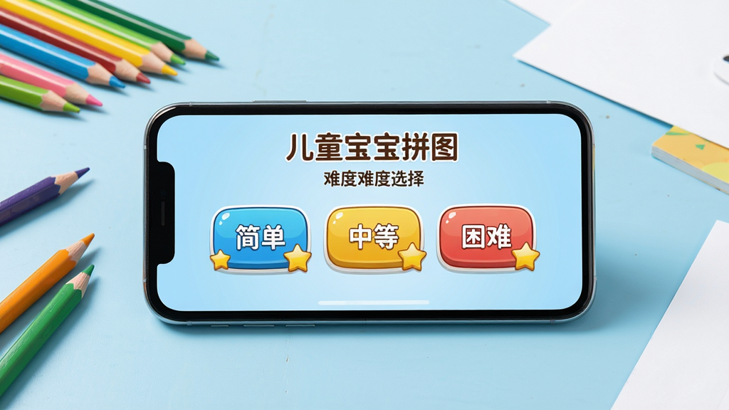 ���壺һ�Ŷ�ͯ�����ϰڷ����ֻ�����Ļ��ʾ����ͯ����ƴͼ�����Ѷ�ѡ����棬�С��򵥡������еȡ��������ѡ�������ť�����֣��ֻ����У��������в�ɫǦ�ʺ�ֽ�š��Ű棺�����࣬��ť��Ŀ�����дʵ�뿨ͨ��ϡ�ϸ�ڣ���ť����С����װ�Σ�������ǳ��ɫ�����ʣ����塢�ɾ����޶���Ԫ�ء�