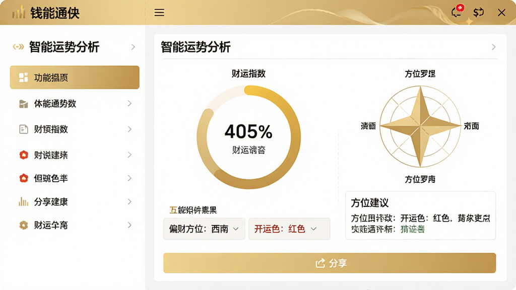 主体:钱能通软件功能界面截图,展示“智能运势分析”模块。布局:左侧为功能列表,右侧为分析结果详情,包含财运指数环形图、方位罗盘和文字建议。排版:信息层级分明,重点数据突出显示。风格:现代简约,金色与白色搭配,符合财富主题。细节:界面中显示“偏财方位:西南”、“开运色:红色”等具体内容,底部有“分享”按钮。画质:高清晰度,界面干净整洁。