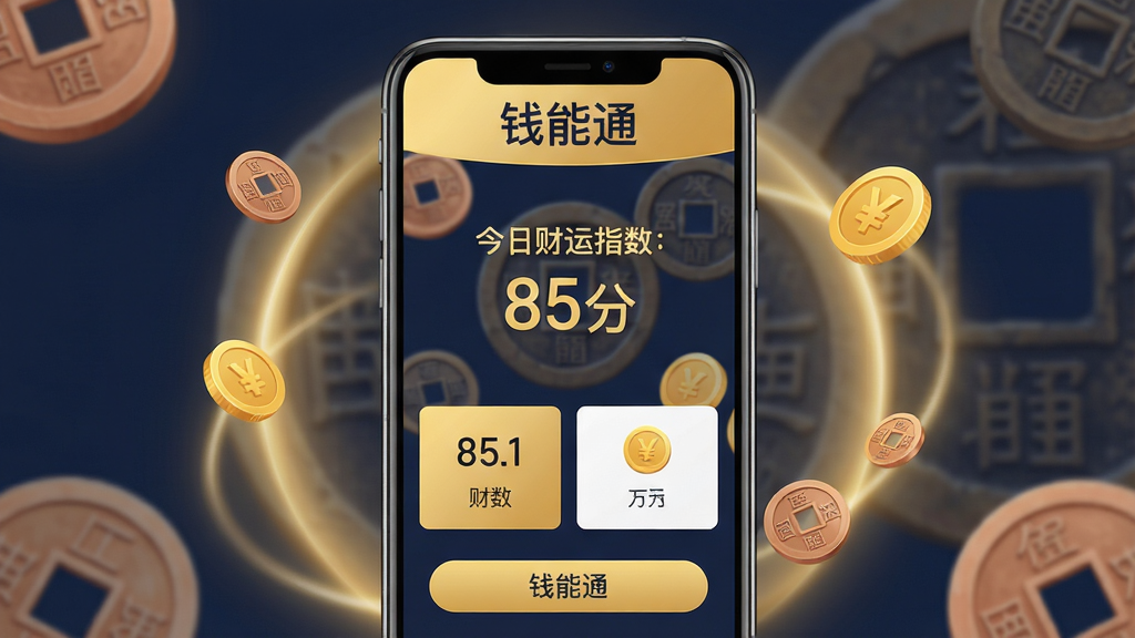 主体:一款名为“钱能通”的安卓手机应用界面展示,手机屏幕中显示财运分析结果和金币图标。布局:手机居中,屏幕内容清晰可辨,周围有柔和的光效和铜钱元素点缀。排版:界面布局简洁现代,上方有“钱能通”字样,下方为数据卡片和按钮。风格:扁平化设计,色彩以金色和深蓝色为主,体现财富与科技感。细节:手机屏幕中显示“今日财运指数:85分”字样,背景有模糊的古代钱币纹理。画质:高清渲染,干净无多余元素。