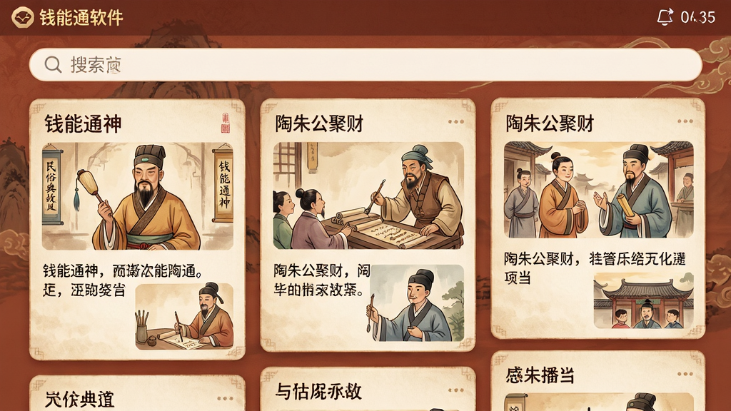主体:钱能通软件中的“民俗典故库”页面。布局:顶部为搜索栏,下方为典故卡片列表,每个卡片包含标题、摘要和配图。排版:卡片式布局,错落有致,阅读舒适。风格:古风插画与现代化UI结合,色调温暖典雅。细节:卡片上显示“钱能通神”、“陶朱公聚财”等典故标题,并配有相关插画。画质:细腻精美,无多余元素。