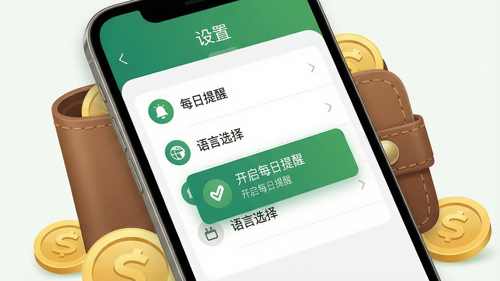 主体:手机屏幕上显示“钱能通”应用运行界面,背景为钱包和金币图案。布局:界面中央显示“设置”菜单,包含“每日提醒”、“语言选择”等选项。排版:菜单列表清晰,每个选项有图标和文字。风格:清爽简洁,绿色和金色搭配。细节:屏幕中弹出“开启每日提醒”的提示框。画质:高清,干净无多余元素。