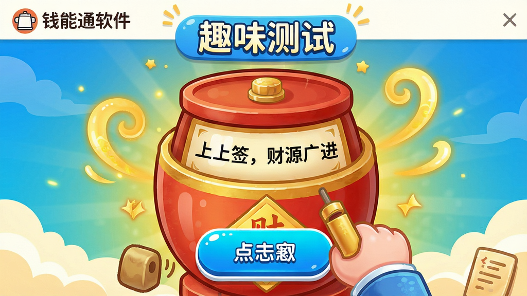 主体:钱能通软件“趣味测试”功能界面。布局:中央为一个大大的签筒,用户点击摇签后显示签文。排版:简洁明了,按钮醒目。风格:卡通可爱风格,色彩明亮活泼。细节:签文内容为“上上签,财源广进”,背景有金色光效。画质:清晰生动,无多余元素。