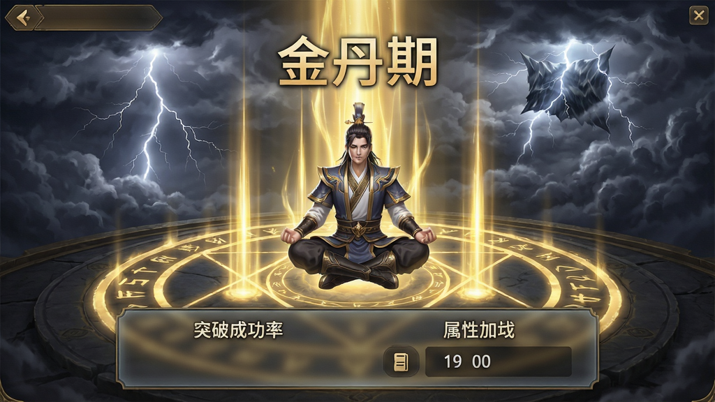 修仙录境界突破界面,角色盘膝坐在巨大的法阵中央,周身环绕金色灵气光柱,头顶浮现“金丹期”三个大字,背景是雷霆万钧的渡劫云海,界面下方显示突破成功率与属性加成面板,UI采用半透明毛玻璃质感,暗金色描边,画质高清,细节丰富,布局工整,干净无多余元素