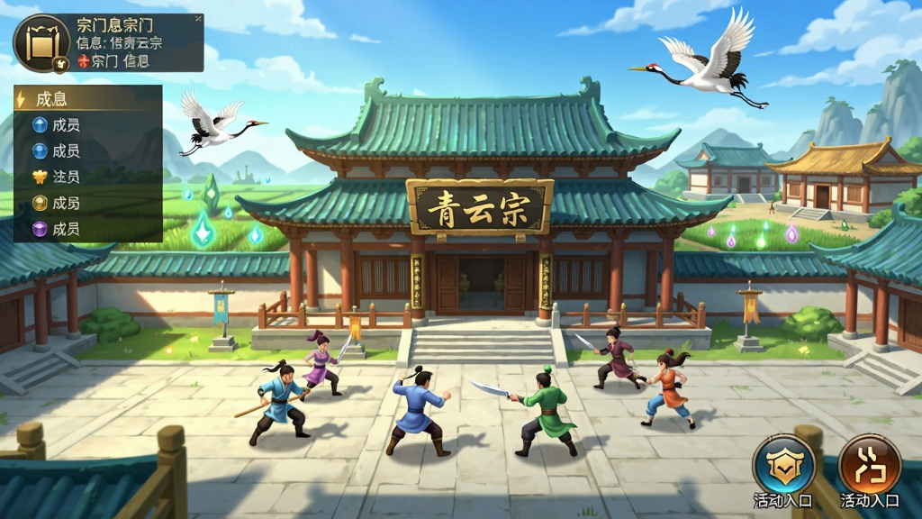 修仙录宗门场景,画面中央是宏伟的宗门大殿,匾额上写着“青云宗”,广场上有数位弟子在切磋比试,远处有灵田与丹房,天空中有仙鹤飞过,界面左上角显示宗门信息与成员列表,右下角为活动入口图标,采用明亮清新的国风建筑风格,色彩鲜艳,画质细腻,干净无多余元素