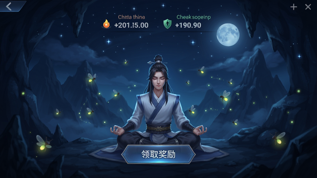 修仙录离线挂机结算界面,画面是夜晚的山洞修炼场景,角色闭目打坐,身边有萤火虫环绕,头顶显示离线时长与获得的灵力数值,界面中央是“领取奖励”按钮,背景有星光与月光,整体色调偏暗蓝,UI简洁清晰,画质高清,干净无多余元素