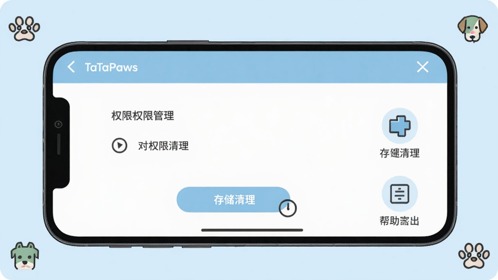 手机横屏展示“TaTaPaws”应用的设置页面,页面中有权限管理选项、存储清理按钮和帮助中心入口,背景为浅蓝色,界面简洁清晰,采用扁平化设计,构图以界面为主,周围有少量图标点缀,画质干净,无多余元素,显示“TaTaPaws”字样