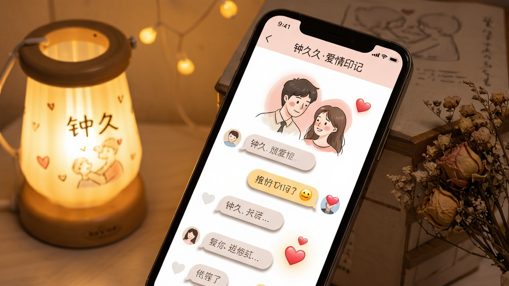 主体:钟久久App的爱情留言板界面,手机屏幕显示两人互动的留言气泡和爱心表情,背景是手绘风格的恋爱插画。布局:手机斜放,屏幕内留言列表清晰,旁边有温馨的小夜灯和干花装饰。排版:界面顶部有“钟久久爱情印记”字样。风格:清新、文艺、温暖。细节:留言气泡有阴影,插画线条流畅,光晕柔和。画质:高清,干净,无多余元素。