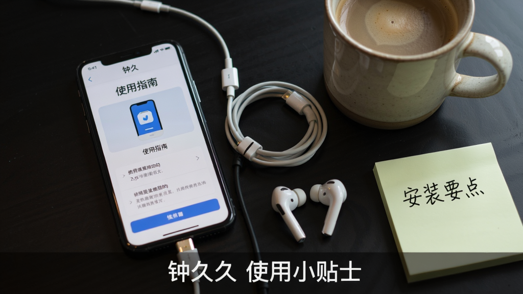 主体:一部手机正在运行钟久久App,屏幕显示“使用指南”页面,旁边有充电线和无线耳机。布局:手机位于画面左侧,右侧有咖啡杯和便签纸,便签上写有“安装要点”。排版:画面底部有“钟久久 使用小贴士”字样。风格:生活化、真实、简洁。细节:手机屏幕内容清晰可辨,环境光线自然。画质:高清,干净,无多余元素。