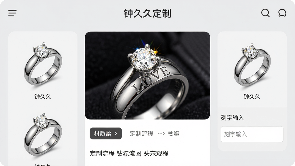 主体:钟久久App内钻戒定制页面,展示多款戒指设计图,中央有一枚正在定制刻字的戒指特写,刻有“LOVE”字样。布局:界面分栏展示戒指款式、材质选项和刻字输入框,背景为淡雅的浅灰色。排版:上方有“钟久久定制”标题,下方展示定制流程。风格:简约、专业、典雅。细节:戒指金属质感强烈,钻石火彩明显,界面图标清晰。画质:超高清,干净,无多余元素。
