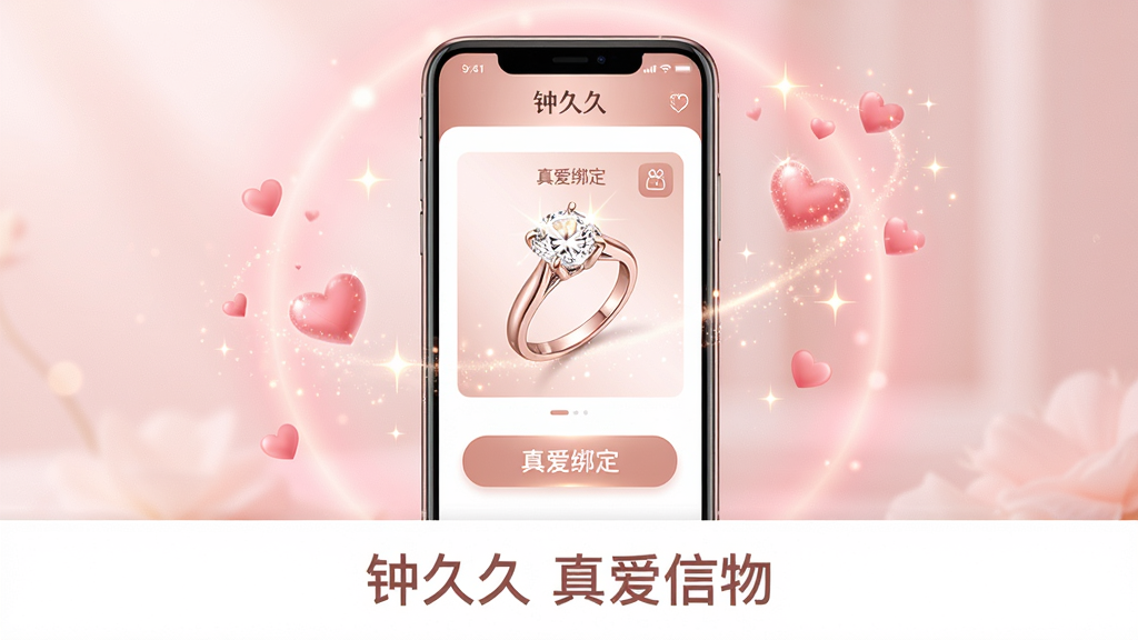 主体:一款名为“钟久久”的App界面在手机屏幕上显示,界面风格浪漫温馨,以玫瑰金色和白色为主色调,背景有柔和的粉色光晕。布局:手机居中,屏幕内展示钻戒产品图和“真爱绑定”功能按钮,周围漂浮着爱心和星光粒子。排版:手机下方配以简洁的“钟久久 真爱信物”文字。风格:唯美、高端、浪漫。细节:钻戒光芒璀璨,界面图标精致,文字清晰,光晕自然。画质:8K,高清细腻,干净,无多余元素。