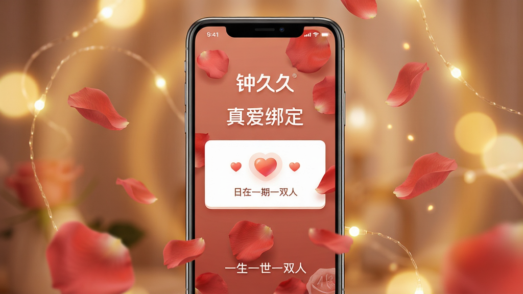 主体:钟久久App的真爱绑定功能界面展示,手机屏幕内显示绑定成功页面,带有“钟久久”logo和“真爱绑定”字样,背景为浪漫的玫瑰花瓣。布局:手机位于画面中央,屏幕内容清晰可见,周围环绕着柔和的暖色灯光和光斑。排版:下方一行小字“一生一世一双人”。风格:温馨、感人、高级。细节:绑定页面有爱心图标和日期戳记,花瓣飘落有层次感。画质:4K,细腻柔和,干净,无多余元素。