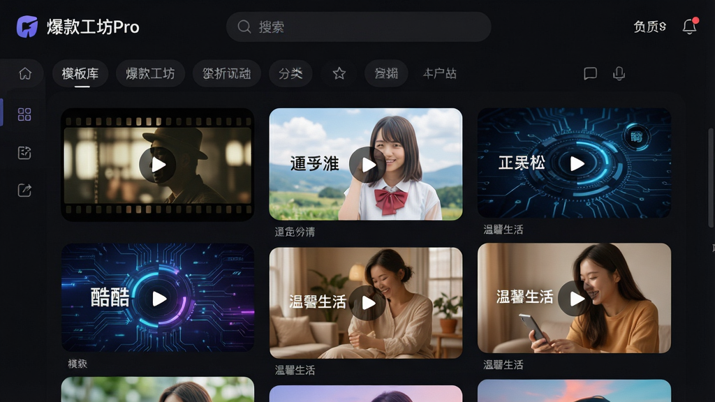 一张展示模板库的界面设计图,主体是“爆款工坊Pro”的模板选择页面,以瀑布流形式展示各种风格的视频模板封面。封面风格多样,有胶片电影风、清新日系风、酷炫科技风、温馨生活风。顶部有搜索栏和分类标签,整体布局为深色背景配合多彩封面,风格为现代UI设计,画质清晰,干净无多余元素。
