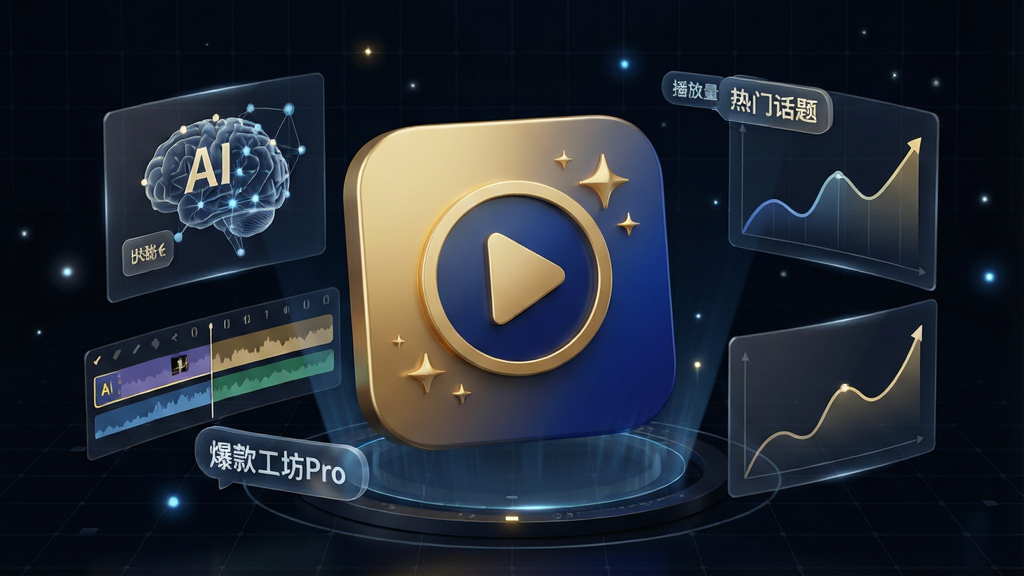 一张现代科技感十足的3D渲染主视觉图,主体是“爆款工坊Pro”的APP图标悬浮在画面中央,图标设计为金色与深蓝色渐变,带有播放按钮和星光元素。四周环绕着视频剪辑时间线、AI大脑神经网络、热门话题标签、播放量增长曲线等半透明全息投影元素。布局采用中心构图,背景是深色科技感网格与光效,排版简洁大气。风格为高端科技风,细节丰富,画质为8K超清,干净无多余元素。
