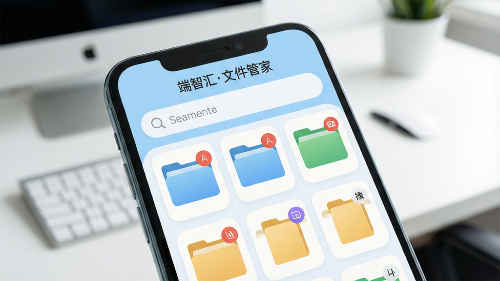 一张智能手机屏幕特写,展示端智汇的文件管理界面,顶部有搜索栏,下方是整齐排列的文件夹和文件缩略图,文件图标上带有类型角标。界面以浅蓝和白色为主,圆角卡片设计,屏幕上方有文字“端智汇文件管家”。画质细腻,光照明亮,背景虚化的办公桌面,干净无杂物。