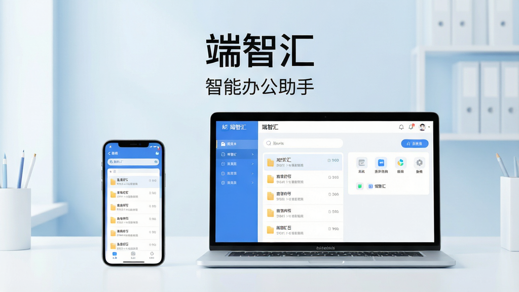 一张展示端智汇应用在办公桌面场景的宽幅概念图,主体为智能手机与笔记本电脑并排摆放,屏幕中清晰显示端智汇的界面布局,包含文件列表、搜索框和功能图标。整体风格现代简约,浅蓝色与白色为主色调,光线明亮柔和,画质干净清晰,无多余元素。图片中央上方有文字“端智汇”,下方有副标题“智能办公助手”。