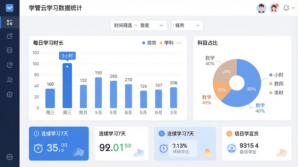 ���壺ѧ����ѧϰ����ͳ��ҳ�棬չʾ��״ͼ�ͱ�ͼ�����֣���Ļ����Ϊͳ��ͼ�����Ϸ�Ϊʱ��ɸѡ�����·�Ϊ����ժҪ��Ƭ���Ű棺��״ͼ��ʾÿ��ѧϰʱ������ͼ��ʾ��Ŀռ�ȣ�ͼ���������ֱ�ע����񣺼����������ɫΪ��ɫ��ͼ����ɫ��͡�ϸ�ڣ���״ͼ��ߵ�Ϊ������ 3Сʱ������ͼ�������Ϊ����ѧ 40%����ժҪ����ʾ������ѧϰ7�족�����ʣ�����UI���棬�ɾ��޶���Ԫ�ء�