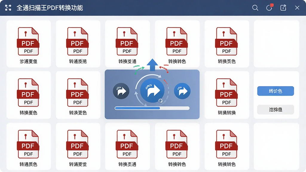 ���壺ȫͨɨ����PDFת�����ܽ��棬չʾ���PDF�ļ�ͼ���ת��ѡ����֣�����״���У��м���ת���������Ű棺�������򣬹�����ȷ����񣺱�ƽ��������磻ϸ�ڣ��ļ�ͼ����С�PDF����ʶ��ת�������н����������ʣ����壬�ɾ����޶���Ԫ��
