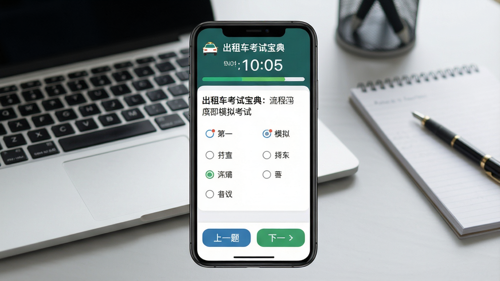 ��������Ϊ�����⳵���Ա��䡱APP��ģ�⿼�Խ��棬�ֻ���Ļռ���Ӿ����ģ��Ϸ���ʾ����ʱ�ʹ�����������м��ǵ�ѡ��������ĸ�ѡ��ײ�����һ�����һ�ⰴť������Ϊǳ��ɫ���棬����ʼǱ����Ժ�ֽ�ʣ����ֹ������Ű�������дʵ���ϸ�ڷḻ�����ʸ��壬�ɾ��޶���Ԫ�أ���Ļ������ʾ�����⳵���Ա��䡱��ģ�⿼�ԡ���