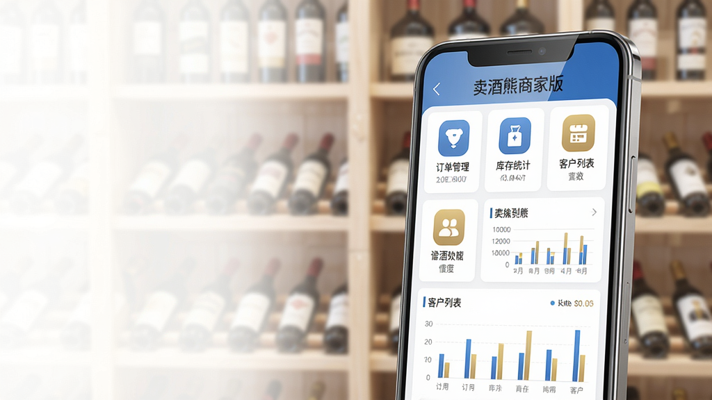 主体:一部智能手机屏幕显示卖酒熊商家版主界面,界面中有订单管理、库存统计、客户列表等模块图标;布局:手机居中偏右,左侧留白,屏幕内容清晰可见,上方有“卖酒熊商家版”字样;排版:界面图标整齐排列,数据图表简洁,整体视觉重心在手机屏幕;风格:现代商务风,浅色背景,蓝色和金色点缀;细节:手机边框金属质感,屏幕反光自然,背景有模糊的酒架轮廓;画质:高清渲染,干净,无多余元素。