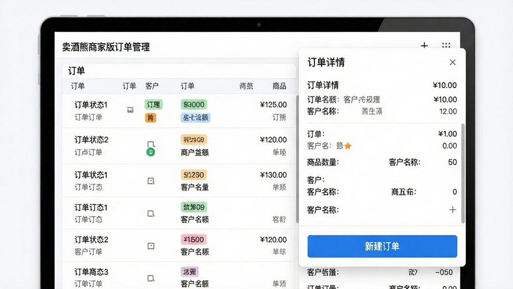 主体:卖酒熊商家版订单管理界面,显示订单列表、订单详情和“新建订单”按钮;布局:左侧为订单列表,右侧为订单详情弹窗,底部有蓝色“新建订单”按钮;排版:列表项整齐,订单状态标签清晰,按钮醒目;风格:简洁商务,白色背景,蓝色主色调;细节:订单金额、商品数量、客户名称等字段完整;画质:高清,干净,无多余元素。