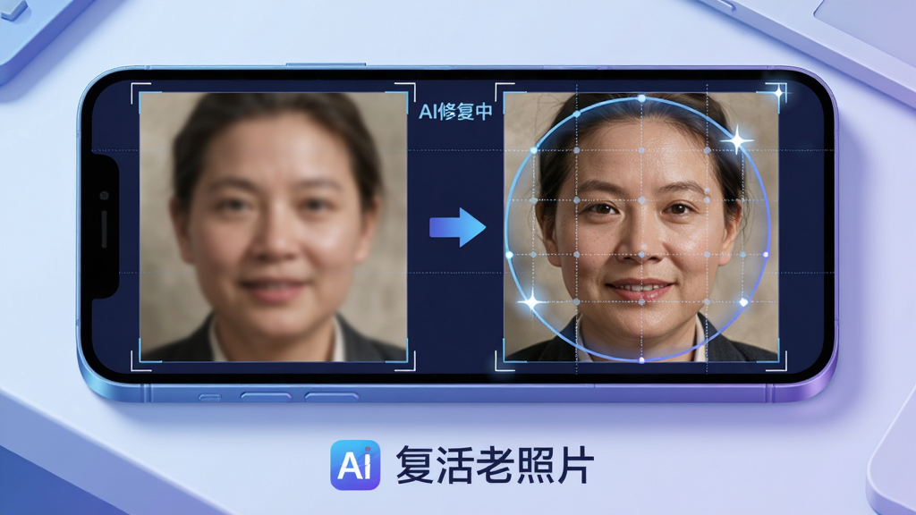 主体:AI智能修复引擎工作场景,一台手机屏幕上显示老照片中的人脸区域被放大,网格线覆盖,同时有“AI修复中”字样。布局:手机斜放于桌面,屏幕内左侧为原始模糊人脸,右侧为修复后清晰五官,中间有箭头连接。排版:画面下方显示“复活老照片”Logo。风格:科技感插画风,蓝紫色调,明亮干净。细节:网格线条细腻,修复区域有高光点。画质:高清,干净,无多余元素。
