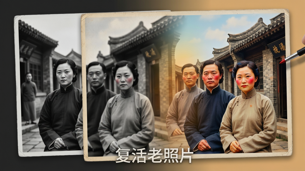 主体:一张黑白老照片正在被上色,色彩从中心向四周扩散,画面中有民国服饰的人物和旧式建筑。布局:画面中央是照片,左侧为黑白原图,右侧为彩色效果图,中间有渐变过渡。排版:照片下方有“复活老照片”水印。风格:复古与科技结合,暖色调为主,细节丰富。细节:人物脸颊红润,衣服颜色自然,建筑砖瓦纹理清晰。画质:高分辨率,干净,无多余元素。