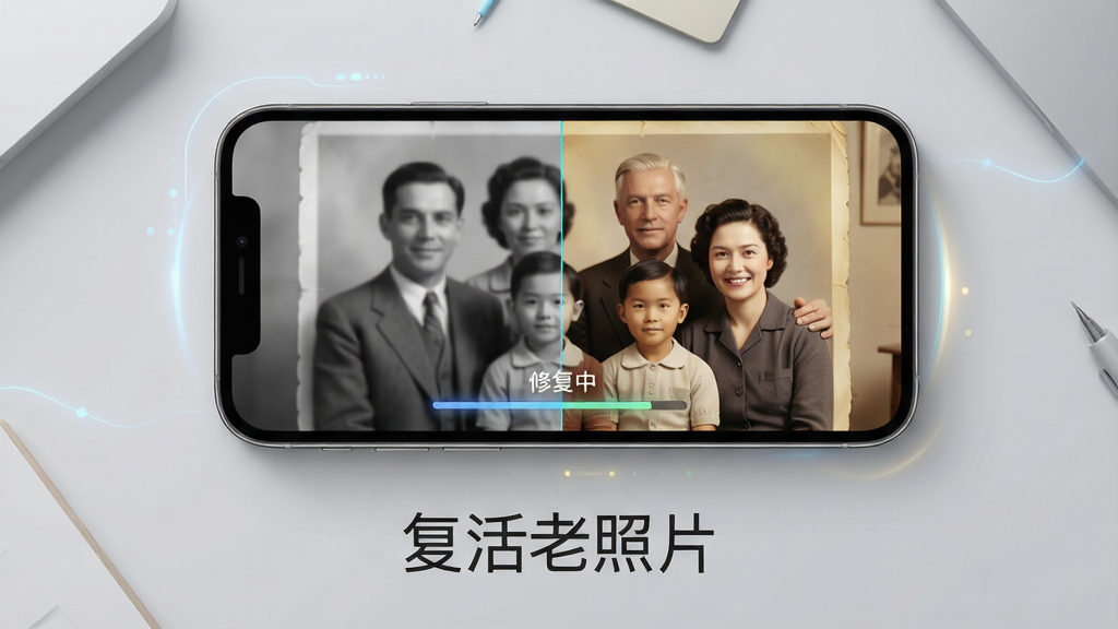 主体:一款名为“复活老照片”的手机应用界面,屏幕中展示一张老旧泛黄的全家福照片正在被修复,色彩逐渐恢复,人物面部变得清晰。布局:手机位于画面中央,屏幕内左右分屏对比修复前后效果,左侧黑白模糊,右侧彩色清晰。排版:手机下方配有简洁的文字说明“复活老照片”。风格:写实科技风,光影柔和,背景为浅灰色桌面。细节:屏幕上显示“修复中”进度条,周围有轻微光效。画质:高清渲染,干净,无多余元素。