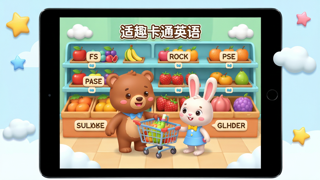 画面主体为平板电脑屏幕内展示的“适趣卡通英语”动画场景,屏幕中一只可爱的小熊和一只小兔子正在模拟超市购物,货架上摆满了水果,每个水果旁边都标有对应的英文单词。布局上,平板电脑位于画面中央,四周点缀着星星和云朵图案。排版采用2.5D卡通风格,色彩明亮活泼。细节上,屏幕内的画面清晰,单词拼写准确,整体画质细腻柔和,干净无多余元素。