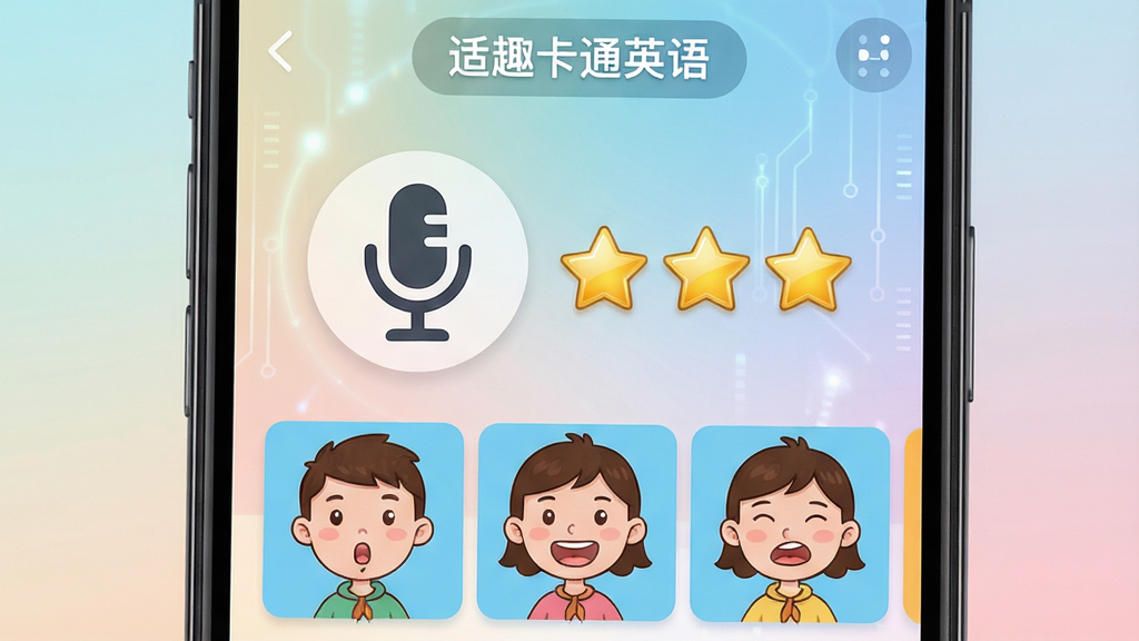 画面主体为智能手机屏幕界面特写,运行“适趣卡通英语”的智能语音测评功能,屏幕上有一个大大的麦克风图标,旁边显示着三颗星星的评分结果,下方是卡通小人示范口型的动画序列帧。布局上,手机位于画面中心,背景为柔和的渐变色,营造科技感。排版采用简洁的UI设计风格,重点突出评分和口型示范。细节上,屏幕内元素清晰,星星为金色,口型动画流畅,画质高清,干净无多余元素。