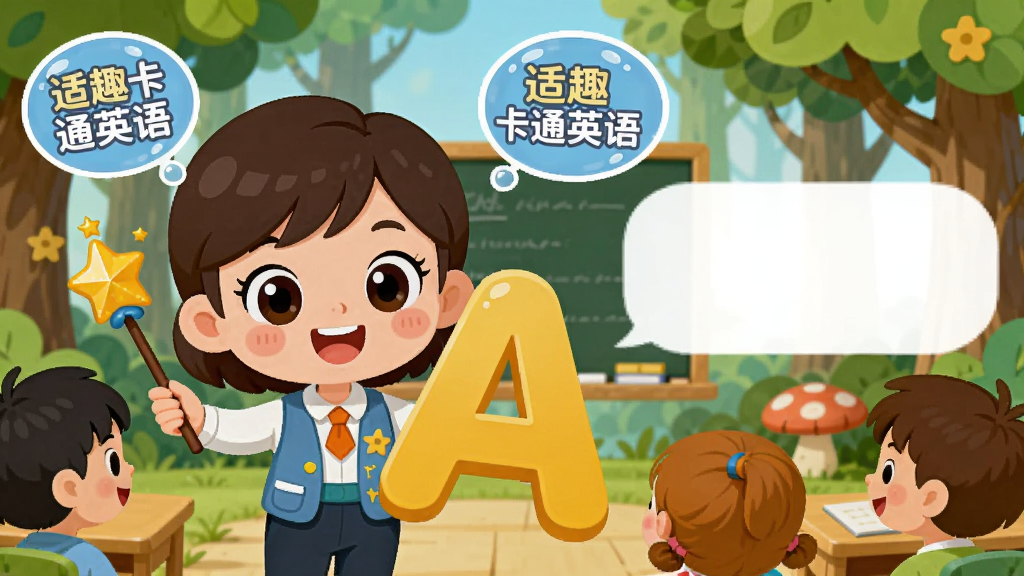 画面主体为一名活泼可爱的卡通小老师形象,正微笑着向孩子们展示一个巨大的字母“A”,背景是色彩明亮、充满童趣的森林教室,周围漂浮着带有“适趣卡通英语”字样的气泡。布局上,小老师位于画面中央偏左,右方留白用于放置文字说明。排版采用扁平化卡通风格,线条圆润,色彩饱和度高,以暖黄、天蓝、草绿为主色调。细节上,小老师的眼睛大而灵动,手中拿着一根魔法棒,画质高清,干净无多余元素。