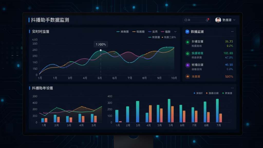 抖播助手数据监测界面,屏幕显示实时折线图和柱状图,数据面板色彩鲜明,背景为深色科技感风格,整体布局规整,画质清晰干净