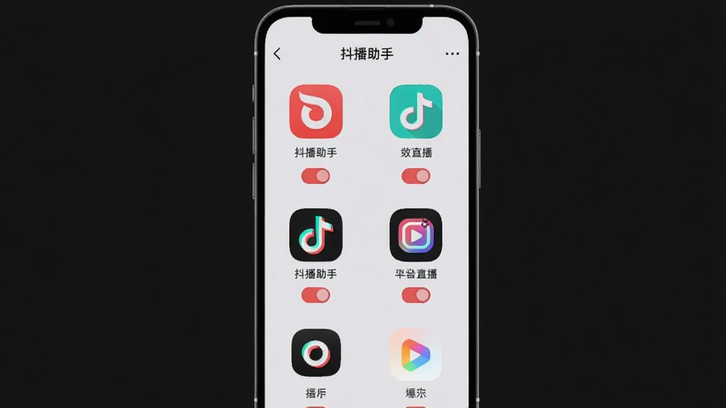 抖播助手多平台管理界面,手机屏幕显示多个平台图标整齐排列,每个图标下方有直播开关,背景为浅灰色,界面简洁明了,画质干净