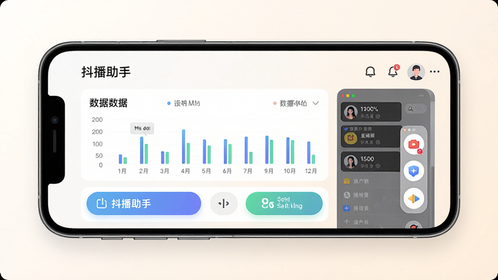 抖播助手主界面展示,手机屏幕内呈现直播管理面板,背景为浅色渐变,界面布局清爽,包含数据图表和功能按钮,整体风格现代简约,画质高清干净,无多余元素