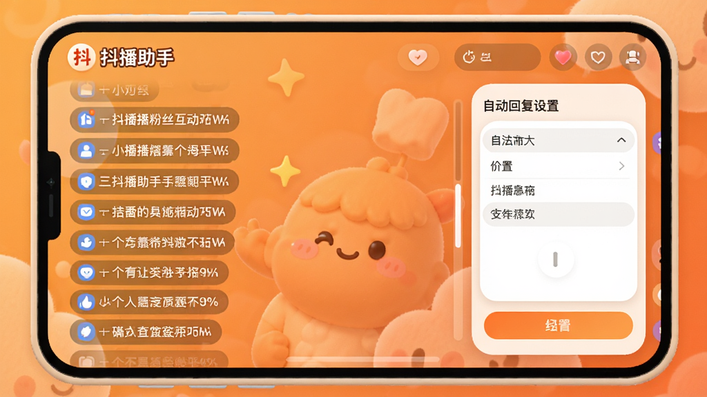 抖播助手粉丝互动界面,屏幕展示弹幕列表和自动回复设置,背景为温馨的橙色渐变,界面圆润可爱,画质清晰