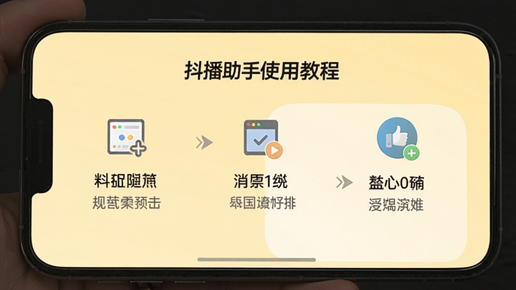 抖播助手使用教程界面,手机屏幕显示操作步骤引导,背景为浅黄色,配以图标和文字说明,画质干净