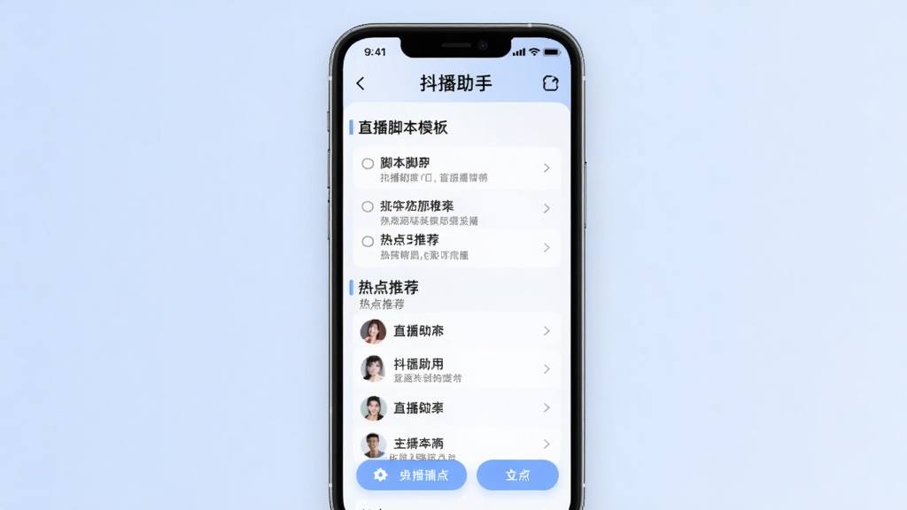 抖播助手直播策划界面,手机屏幕显示直播脚本模板和热点推荐列表,背景为淡蓝色,界面简洁,画质干净