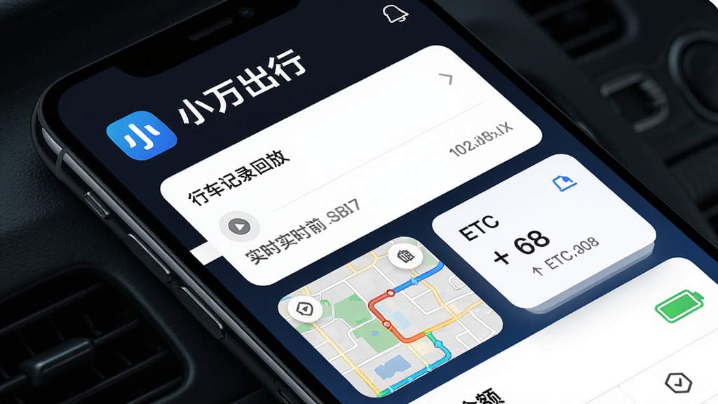 ��������Ϊ�����ֻ���ĻչʾС�����APP�����棬���涥����ʾ��С����С�Ʒ����������ɫ��ͼ�꣬�м�Ϊ�г���¼�ط��б���ETC��Ƭ������������࣬�Ű���ÿ�Ƭʽ��ƣ�����ִ��Ƽ��У�ϸ�ڰ���ʵʱ·��С��ͼ�����ͼ�꣬���ʸ���ɾ����޶���Ԫ��