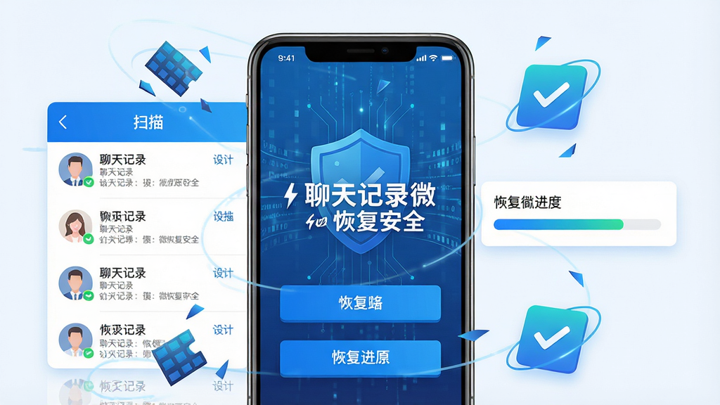主体:一部智能手机屏幕显示“聊天记录微恢复安全”应用界面,周围环绕数据碎片和恢复成功图标。布局:手机居中,左侧列出扫描出的聊天记录列表,右侧显示恢复进度条。排版:界面清晰,功能按钮醒目。风格:科技感,蓝色调,现代扁平化设计。细节:屏幕中文字“聊天记录微恢复安全”,背景有数据流线条。画质:高清,干净,无多余元素。