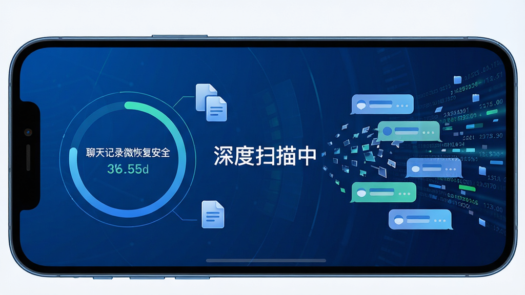 主体:手机屏幕显示“聊天记录微恢复安全”扫描过程,数据碎片逐渐聚合成完整聊天气泡。布局:左侧为扫描进度圆环,右侧为动态数据流。排版:信息层级分明,进度一目了然。风格:科技蓝背景,数据可视化动效。细节:屏幕中央文字“深度扫描中”,周围有文件图标。画质:高清,干净,无多余元素。