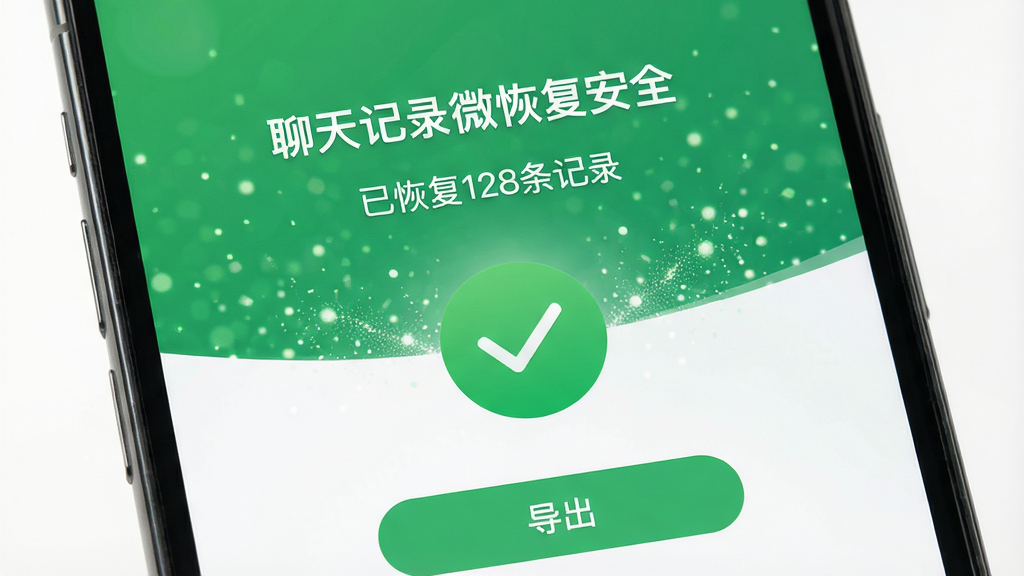 主体:手机屏幕展示“聊天记录微恢复安全”恢复成功界面,显示“已恢复128条记录”。布局:屏幕中央有绿色对勾图标,下方有“导出”按钮。排版:简洁清晰,主要信息居中。风格:清爽绿色调,成功氛围。细节:屏幕文字“聊天记录微恢复安全”,背景有粒子特效。画质:高清,干净,无多余元素。