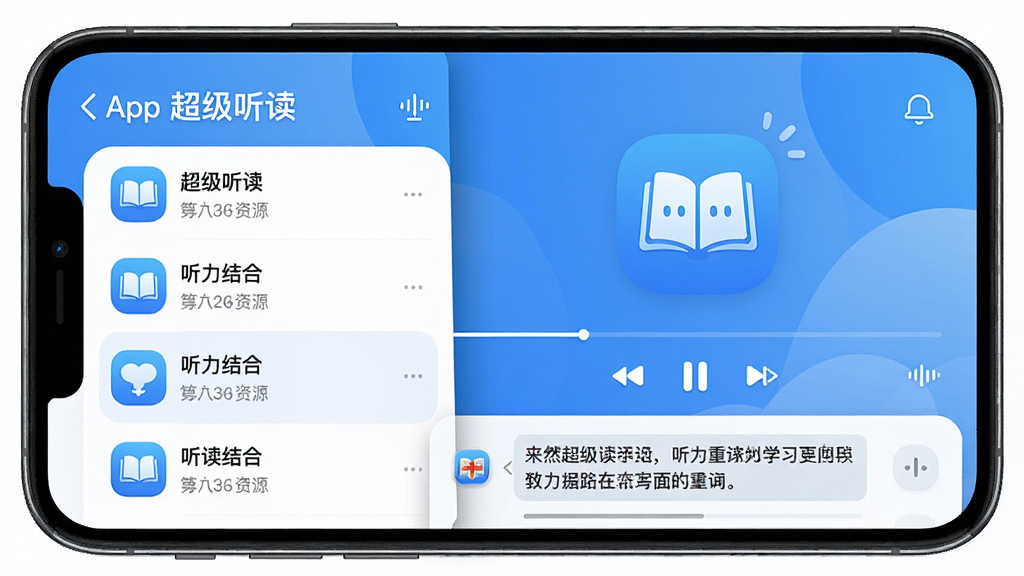 一张展示“超级听读”App主界面的高清截图,界面包含听力资源列表、播放控制条和同步字幕区域,整体风格清新简洁,以蓝色和白色为主色调,图标圆润,背景干净,突出“听读结合”的学习场景,画质清晰,无多余元素