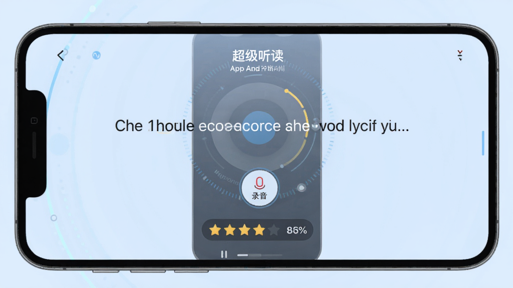 一张展示“超级听读”App跟读评测功能的界面,屏幕中央显示一句英文例句,下方有“录音”按钮和评分结果,评分以星星和百分比展示,背景为淡蓝色,界面简洁清晰,突出智能评测的科技感,画质清晰,无多余元素