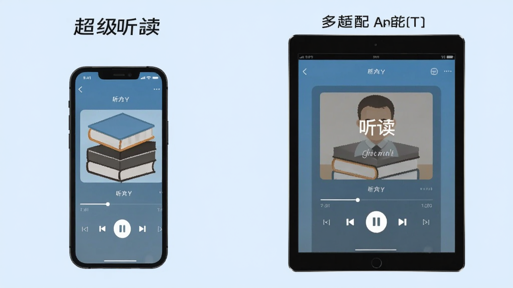 一张展示“超级听读”App在手机和平板上运行的对比图,左边是手机界面,右边是平板界面,均显示听力播放页面,背景为浅蓝色,突出多设备适配能力,画质清晰,无多余元素